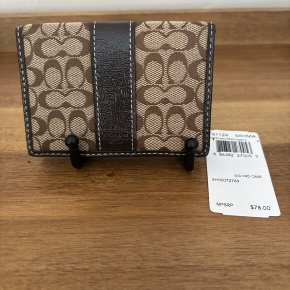 Coach Signature Khaki Mahogany Brown Leather Card Case - Picture 1 of 9